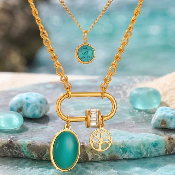 NKULTD Jewelry - 18K Gold Plated Layered Turquoise Crystal Tree Of Life Necklace Boho Chic Gift